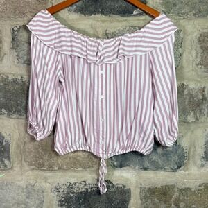 Pink Lemonade Women's Pink White Striped Off Shoulder Ruffle Crop Top Large